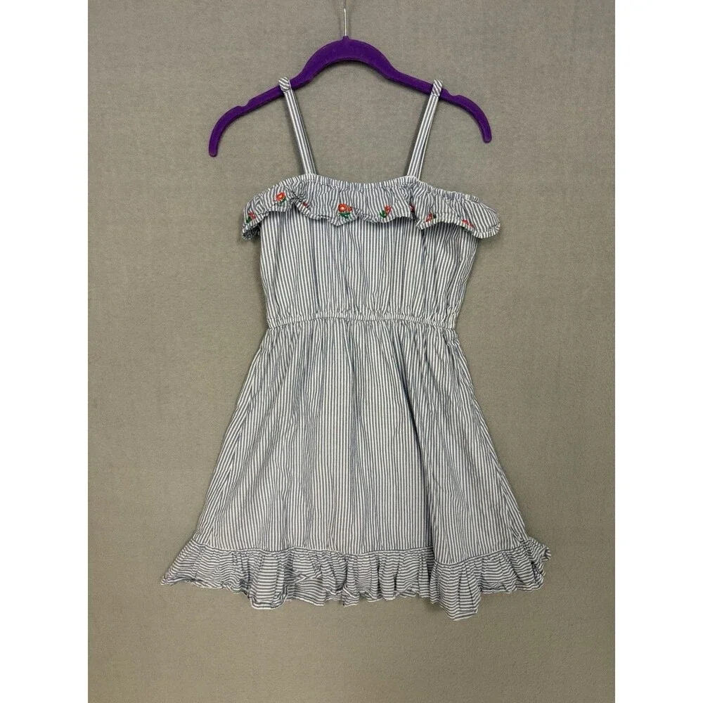 Janie and Jack Girls Size 10 Blue White Stripe Embroidered Poppy Floral Dress